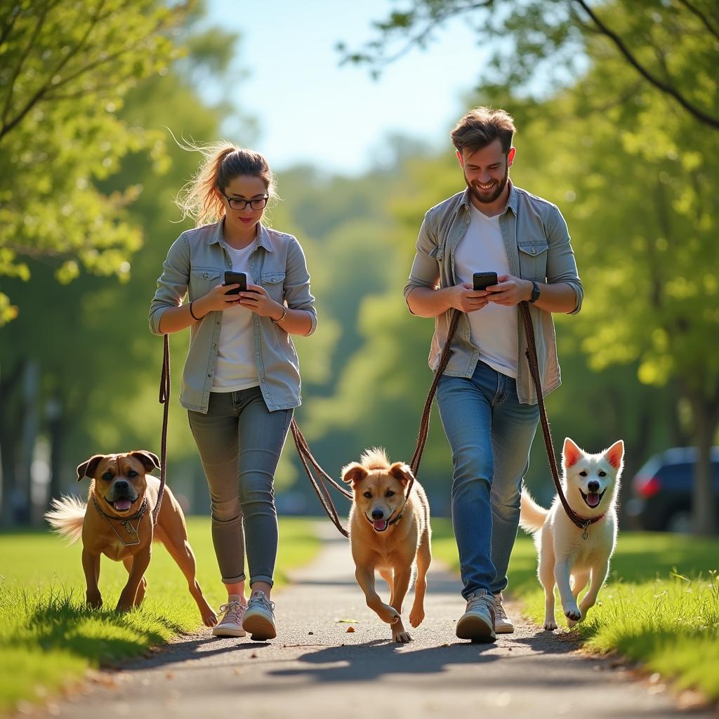 A comedic scene depicting a man and a woman being energetically walked by their dogs in a park, both completely absorbed in their smartphones