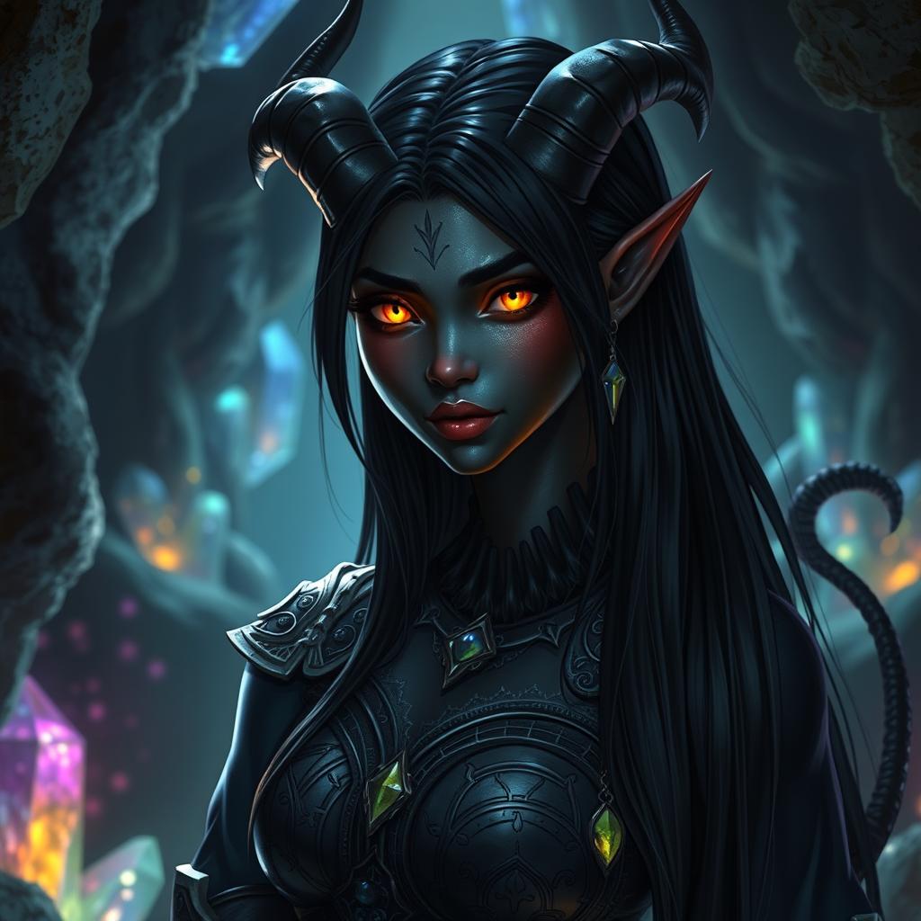 A female tiefling character with striking black skin that glistens under soft lighting