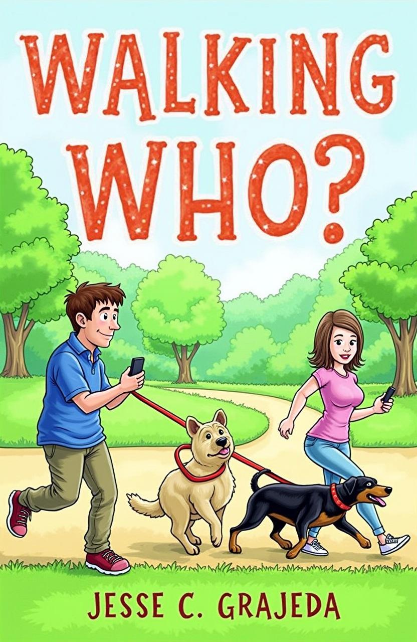 A whimsical scene encapsulating the book title 'Who Walking Who - How to Train Your Dog Before It Pees on You or Has Already Done That' by author Jesse C