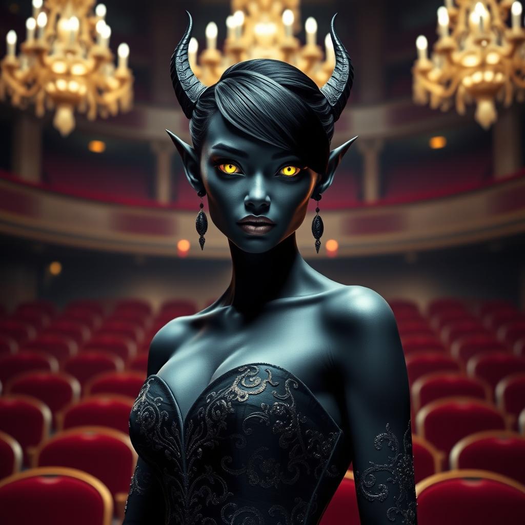 A female tiefling with striking black skin and glowing yellow eyes, elegantly dressed for the opera