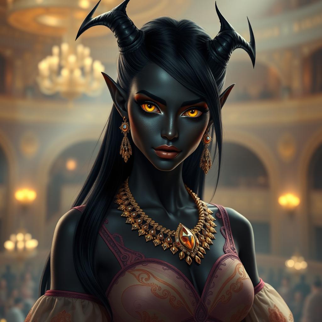 A female tiefling with stunning black skin, vibrant glowing yellow eyes, and sleek straight black hair, elegantly dressed for the opera