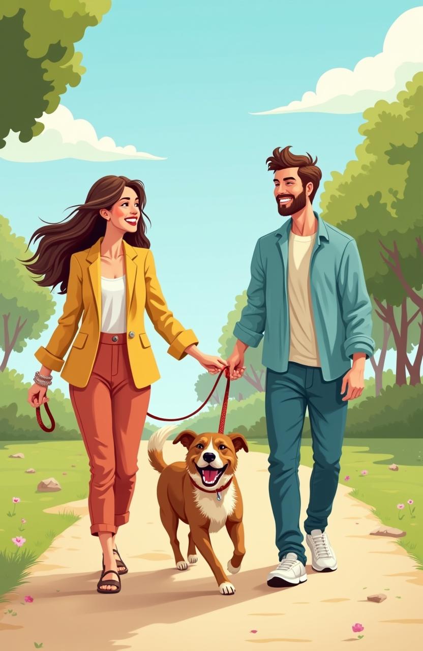 A whimsical and playful illustration of a man and woman happily walking their dog