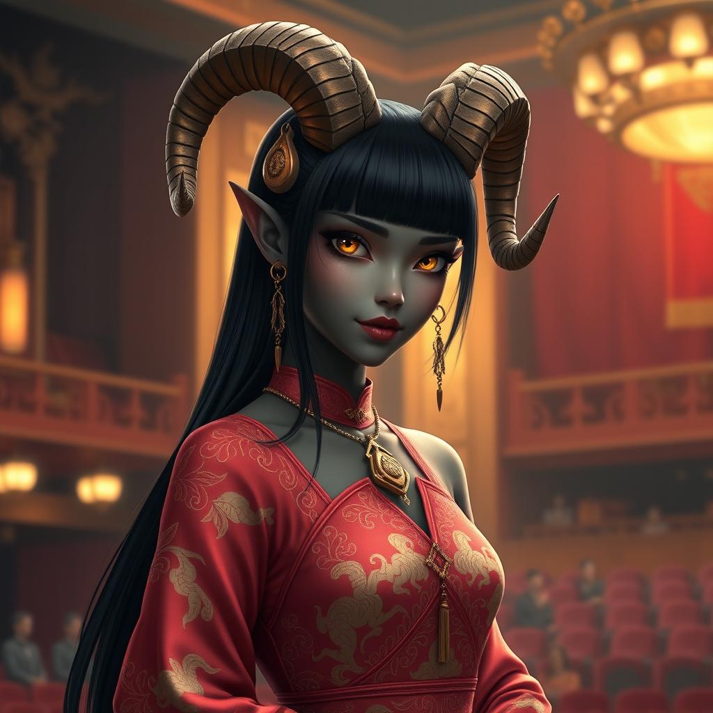 A female tiefling with stunning black skin, vibrant glowing yellow eyes, and sleek straight black hair, adorned with beautiful ram's horns embellished with delicate gold chains