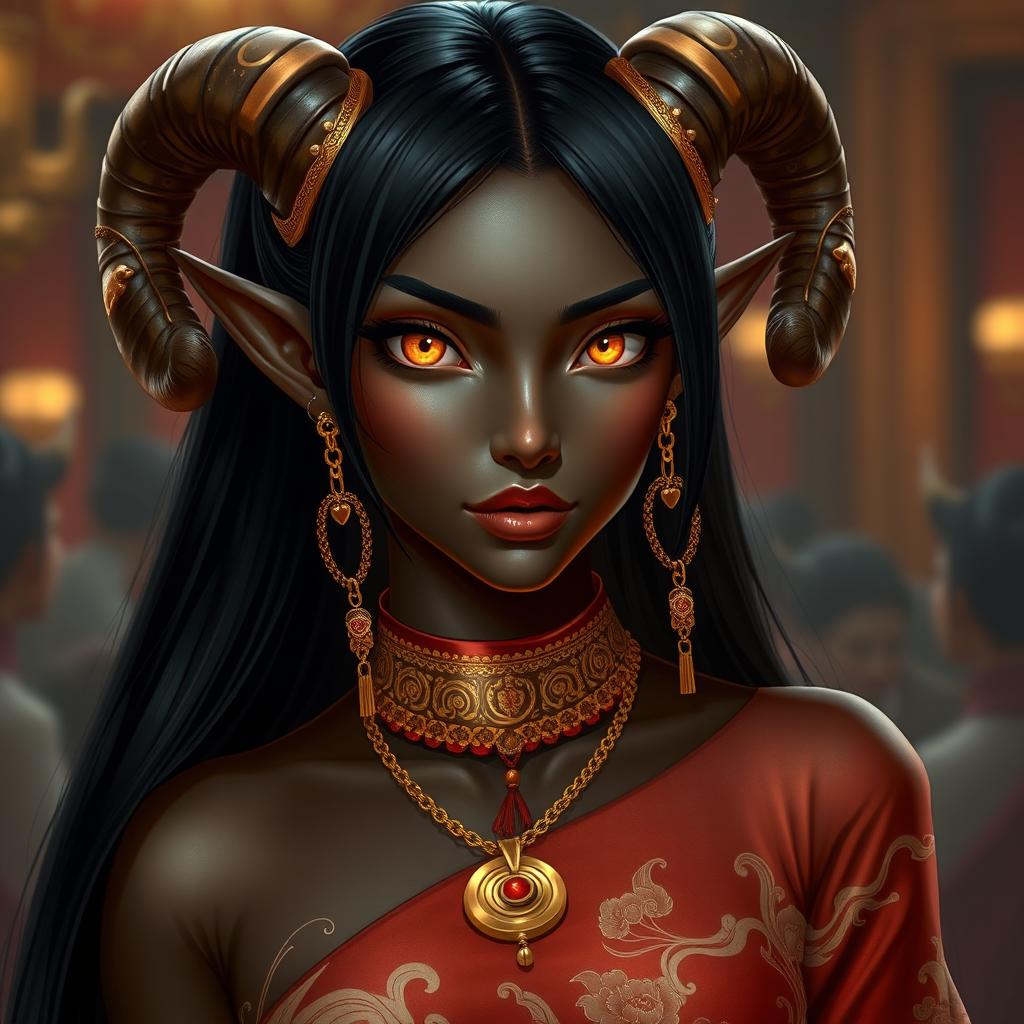 A stunning female tiefling character with smooth black skin and glowing yellow eyes, portraying a mystical allure