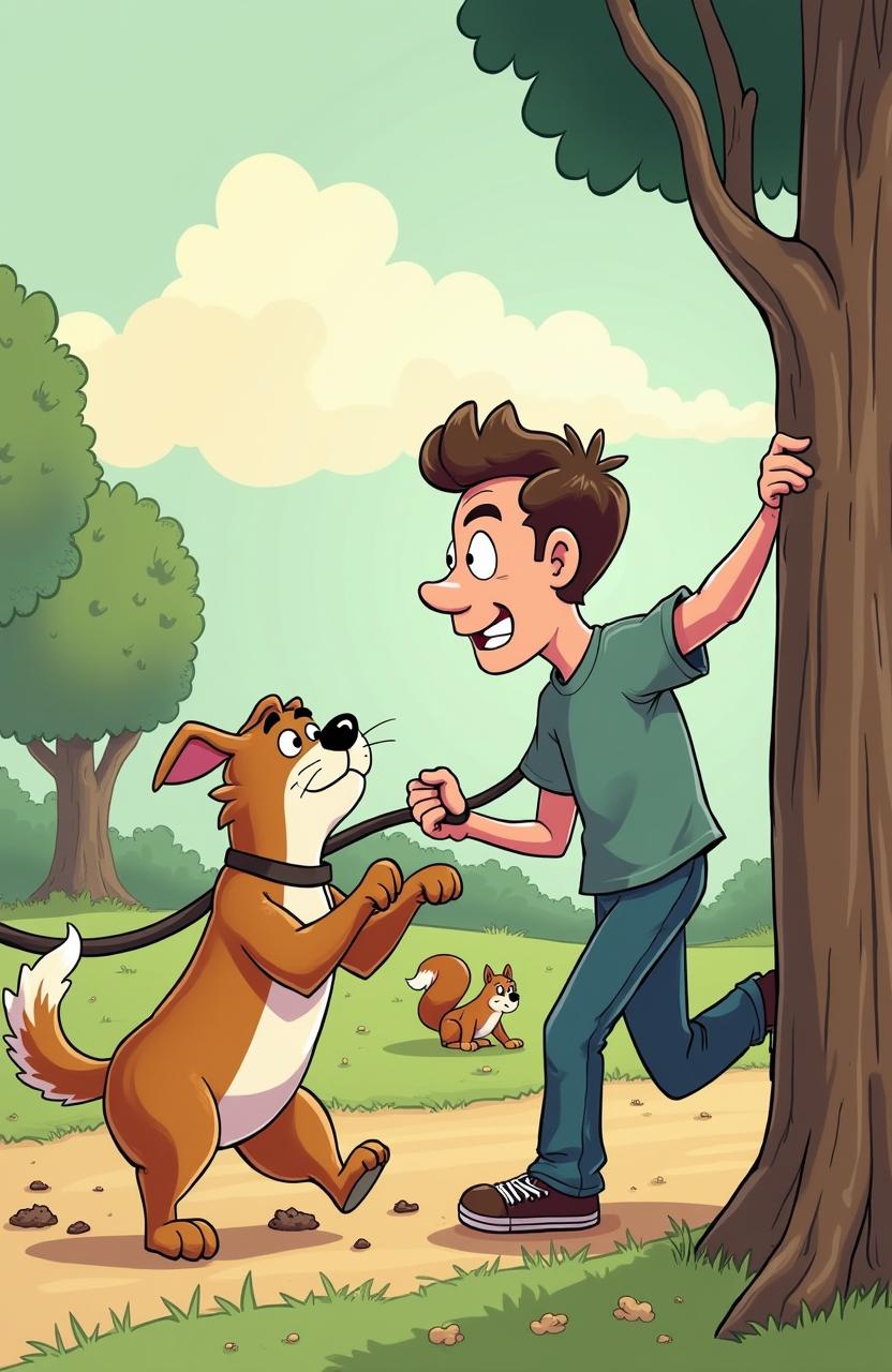 A humorous and engaging illustration showcasing a dog confidently leading a confused man who is distracted and not paying attention