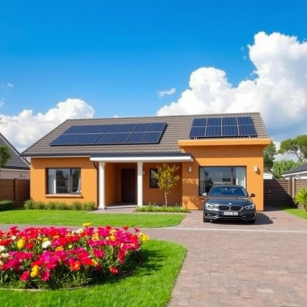 a modern RDP (Reconstruction and Development Programme) house in a suburban setting, showcasing a neat layout with a vibrant garden in front, featuring bright flowers and green grass
