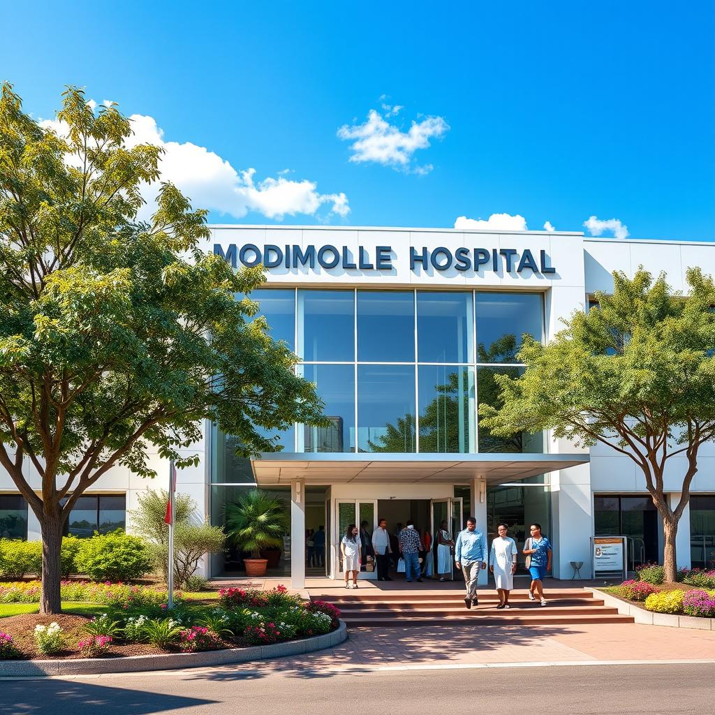 a detailed view of Modimolle Hospital, showcasing its modern architecture with clean lines and large glass windows