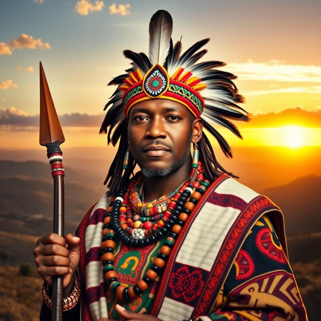 a regal portrait of King Misuzulu, depicting him in traditional Zulu attire that includes vibrant patterns and intricate beadwork
