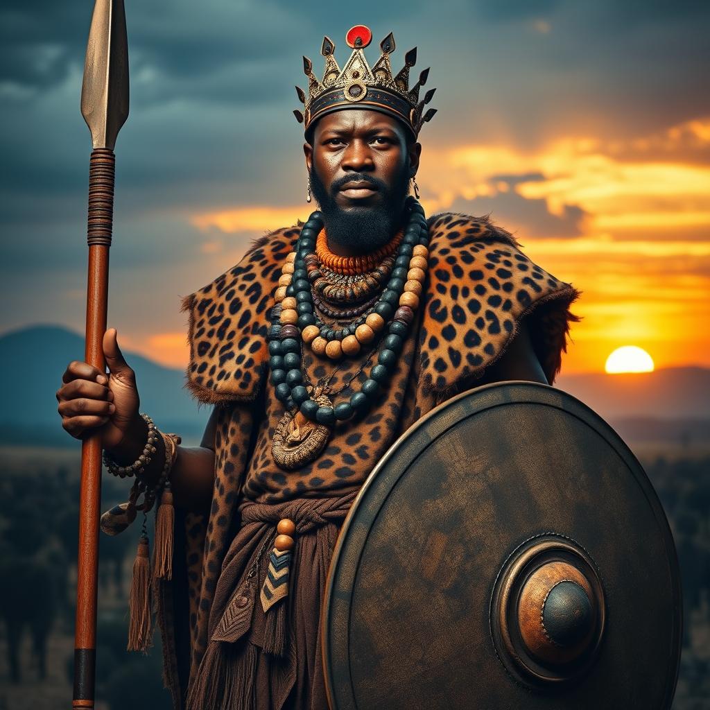 a powerful portrait of King Shaka, the famous Zulu leader, depicted in traditional warrior attire complete with a leopard skin cloak and ornate beadwork