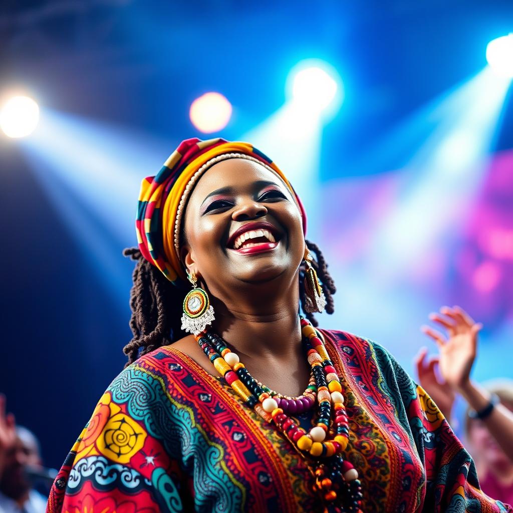 a vibrant portrait of Makhadzi, a dynamic South African singer and performer known for her energetic stage presence