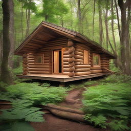 A cabin made of rectangular logs nestled in the heart of a verdant forest with lush foliage