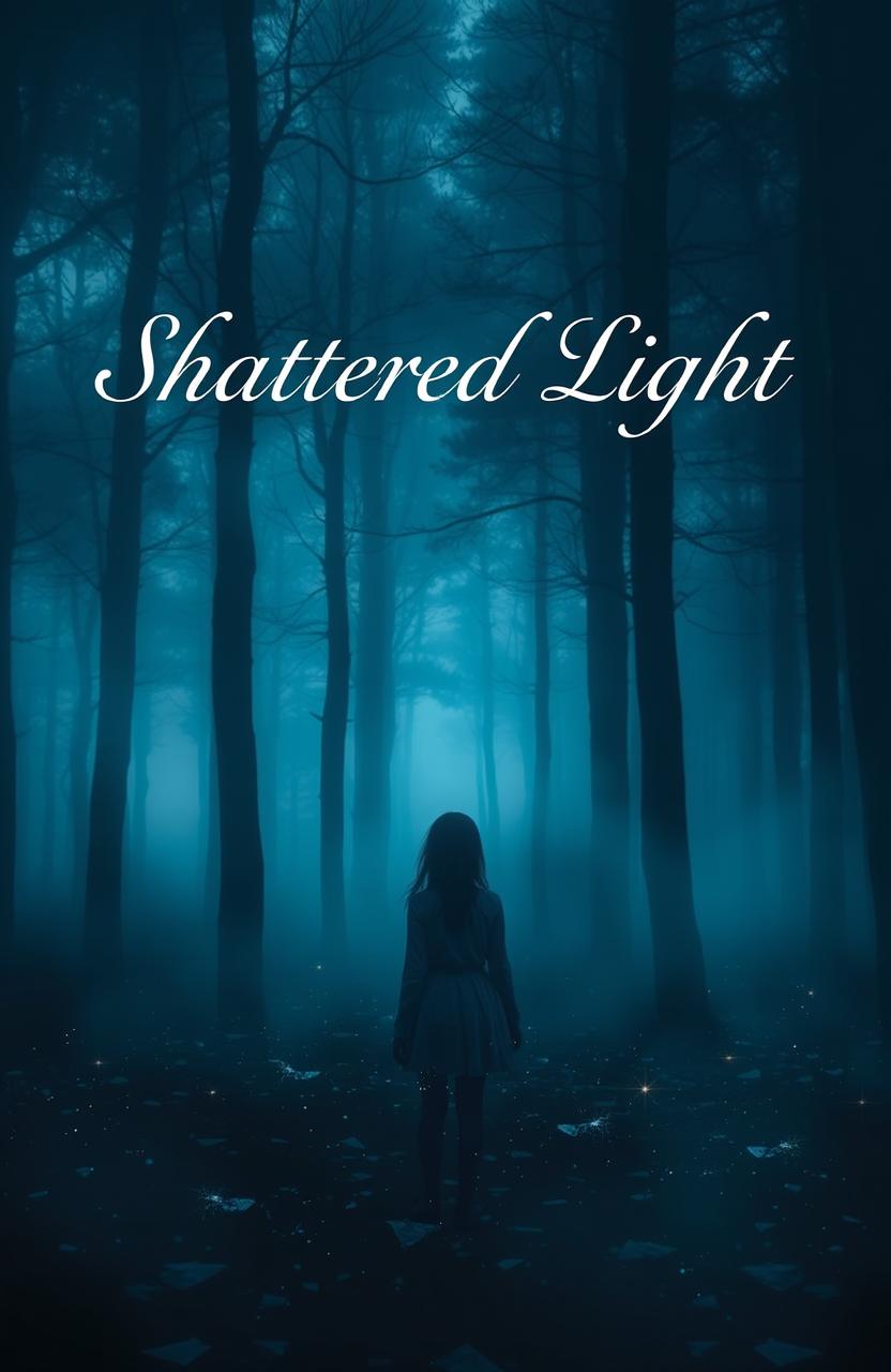 A serene and mysterious navy blue forest background, enveloped in fog, with broken glass pieces scattered across the ground, elegantly refracting small sparkles of light