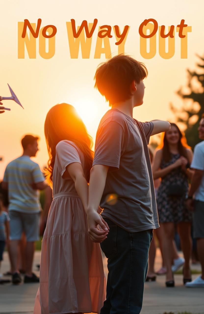 A beautiful scene during a light sunset featuring a high school girl and boy standing back to back, facing away from each other yet holding hands with their arms fully stretched out