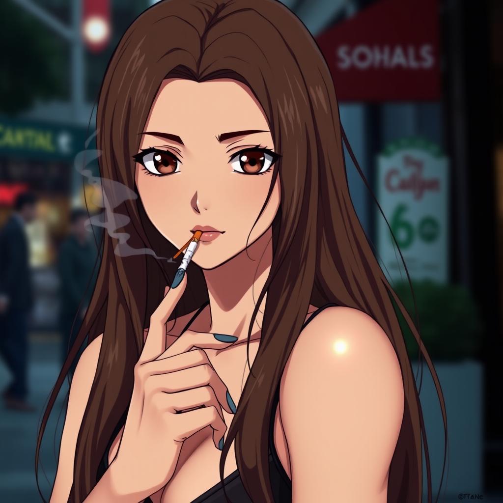 A hot anime woman in her 30's with long, flowing brown hair that cascades elegantly around her shoulders