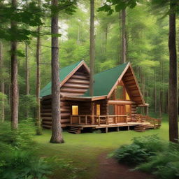 A cabin made of rectangular logs nestled in the heart of a verdant forest with lush foliage