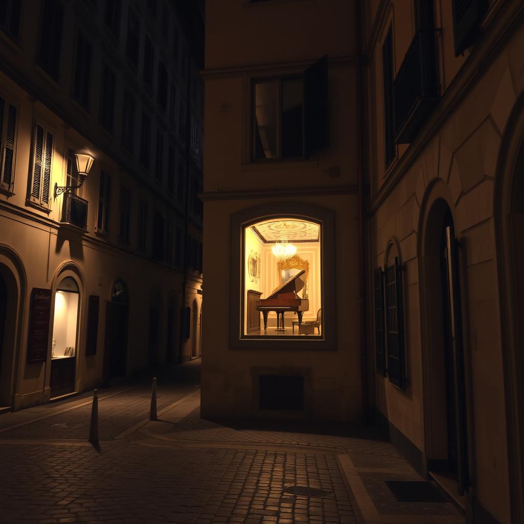 An Italian street scene at night, showcasing a cobblestone path lined with charming old buildings featuring countless windows