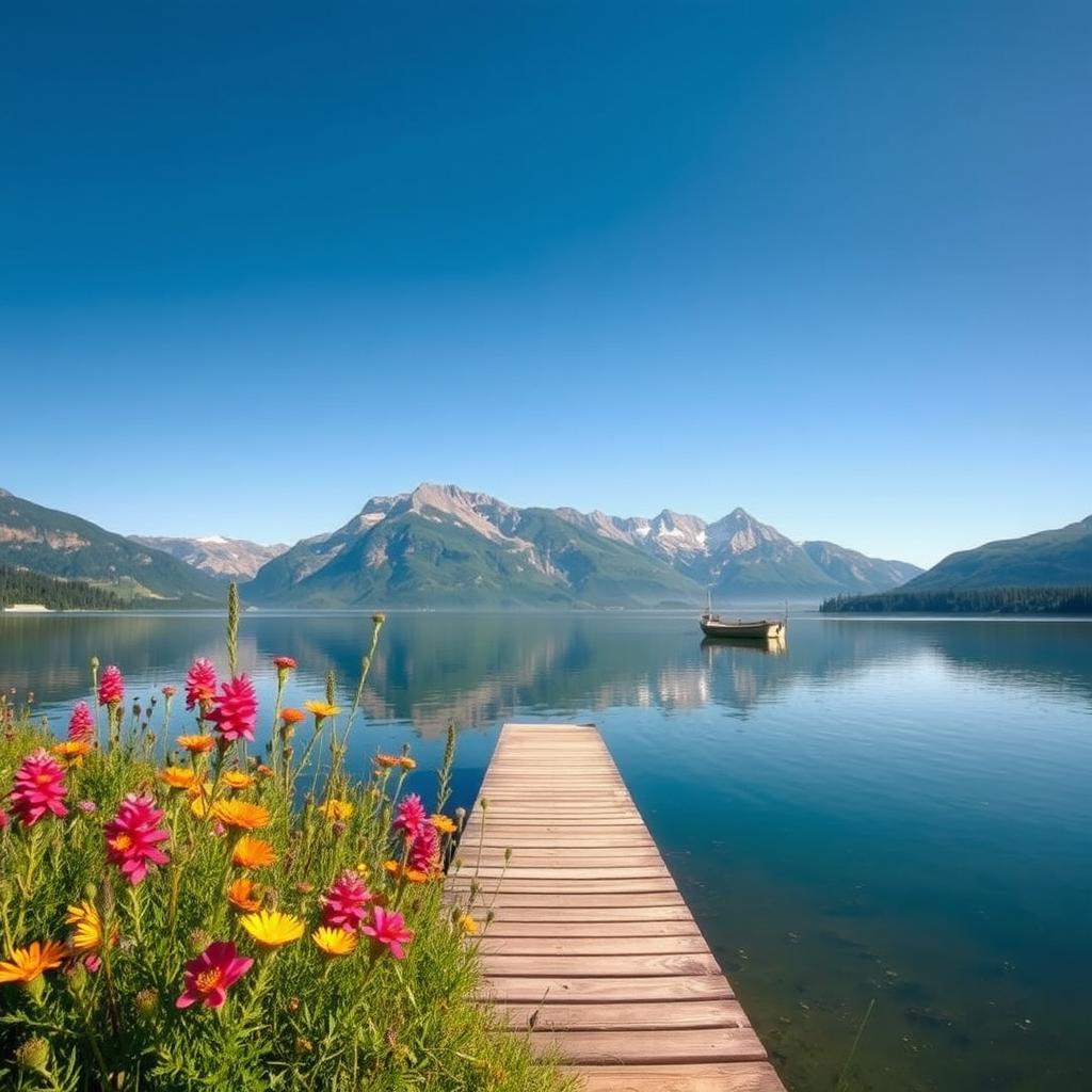 A serene landscape showcasing a tranquil lake surrounded by majestic mountains under a clear blue sky
