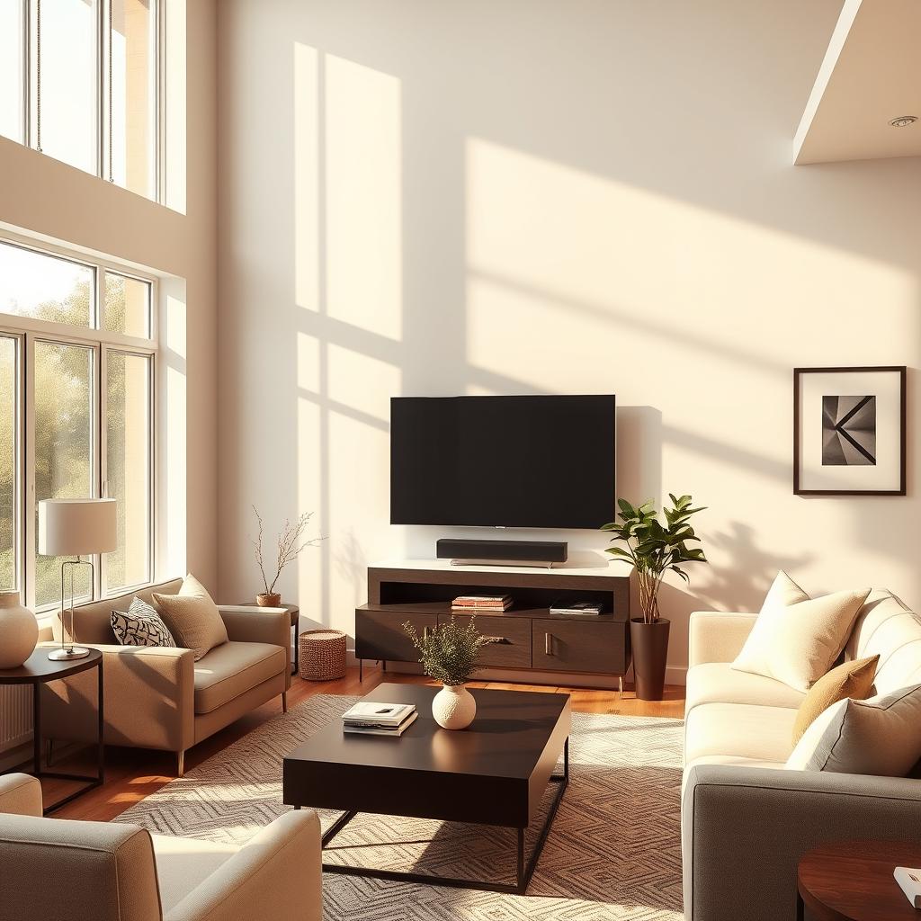 A modern living room featuring a flat-screen television mounted on the wall