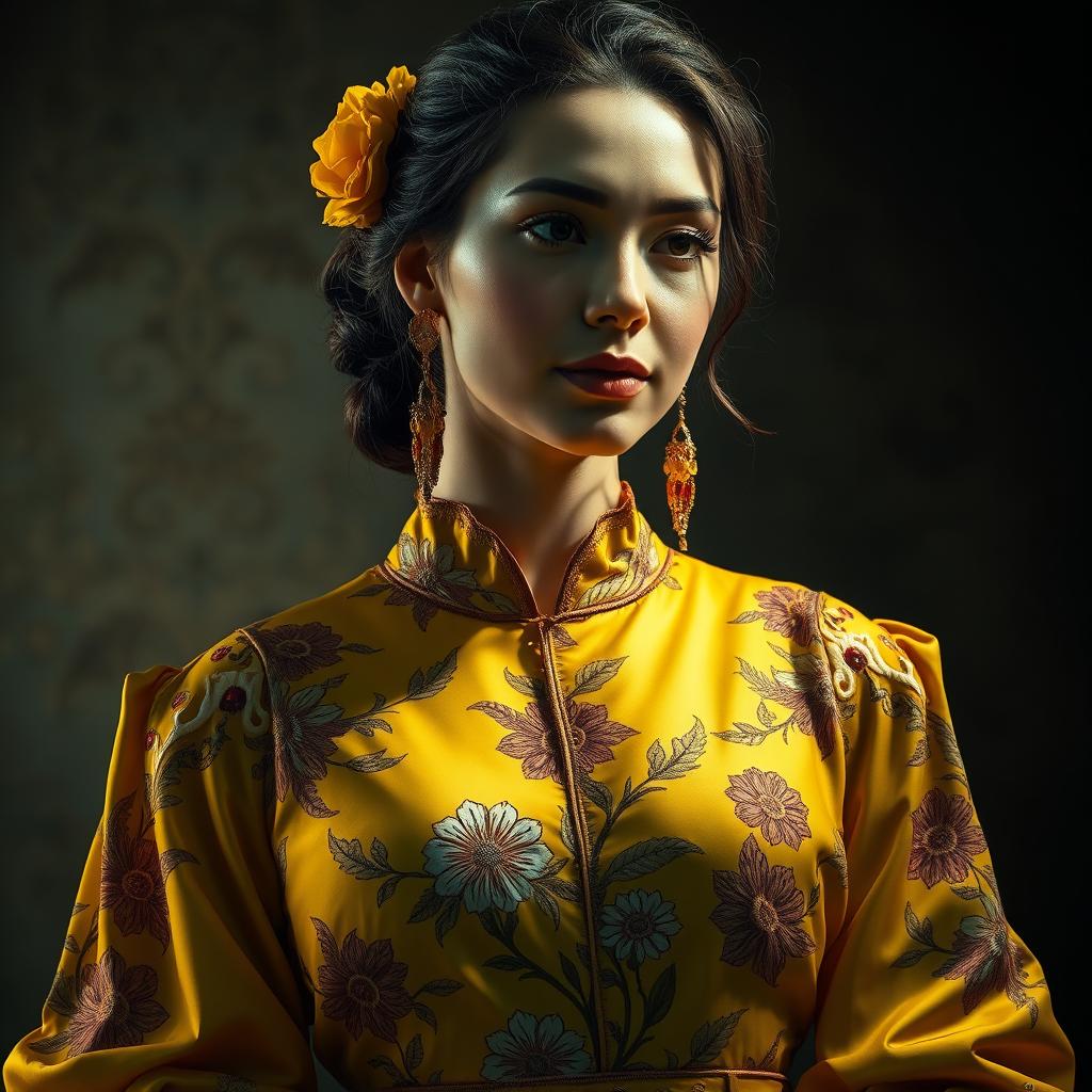 A woman dressed in beautiful yellow clothing adorned with intricate floral motifs, depicted in a hyper-realistic style