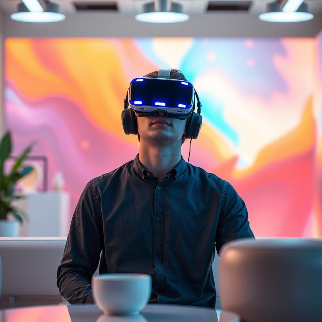 A person wearing a virtual reality headset, deeply immersed in a modern and minimalist environment