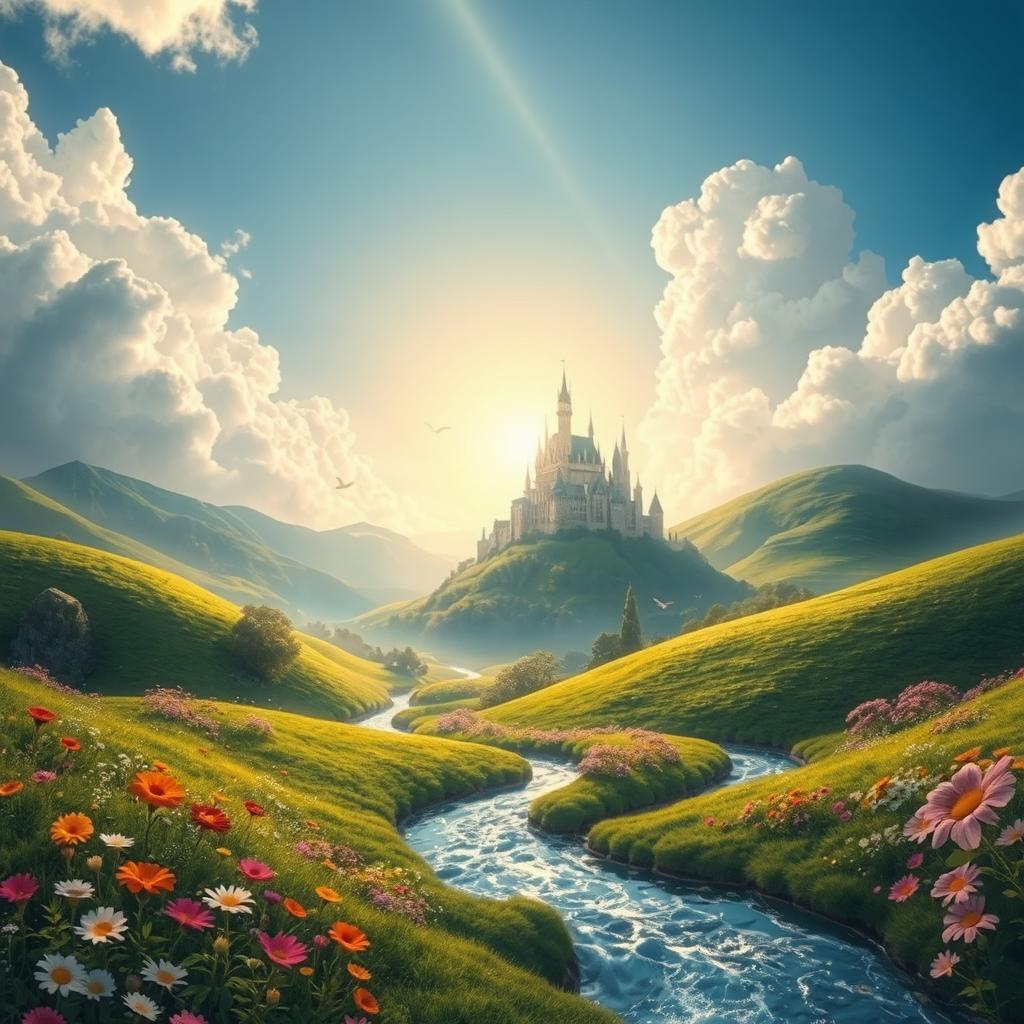 A captivating fantasy landscape inspired by classic fantasy films, featuring lush green hills, a majestic castle nestled in the clouds, and vibrant flowers in various colors