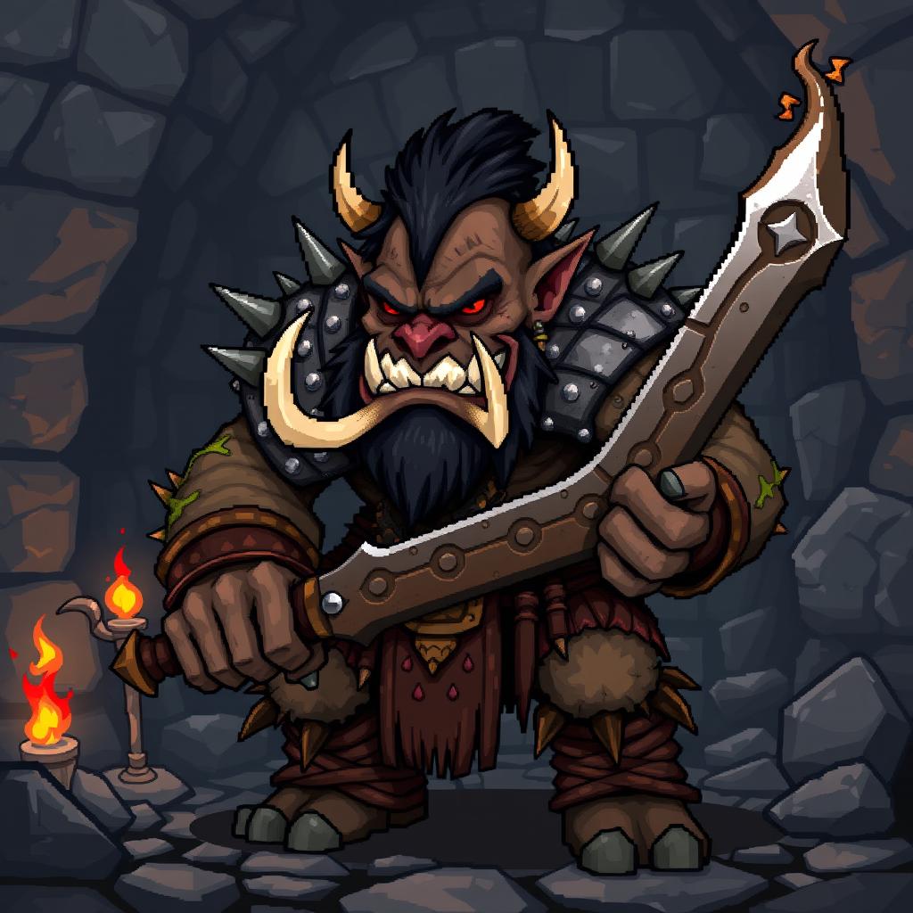 A detailed 16x16 pixel art depicting a fierce orc character in a roguelike style, featuring prominent tusks, a rugged and muscular physique, wearing tattered armor adorned with spikes