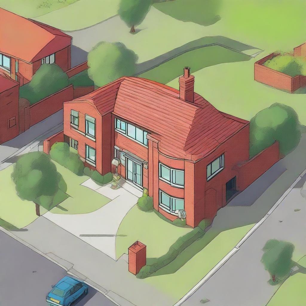 A fusion of the Simpson's iconic home with the features of a UK council estate, maintaining its recognizable style but adding details such as red-brick walls, tower blocks, and small green spaces.