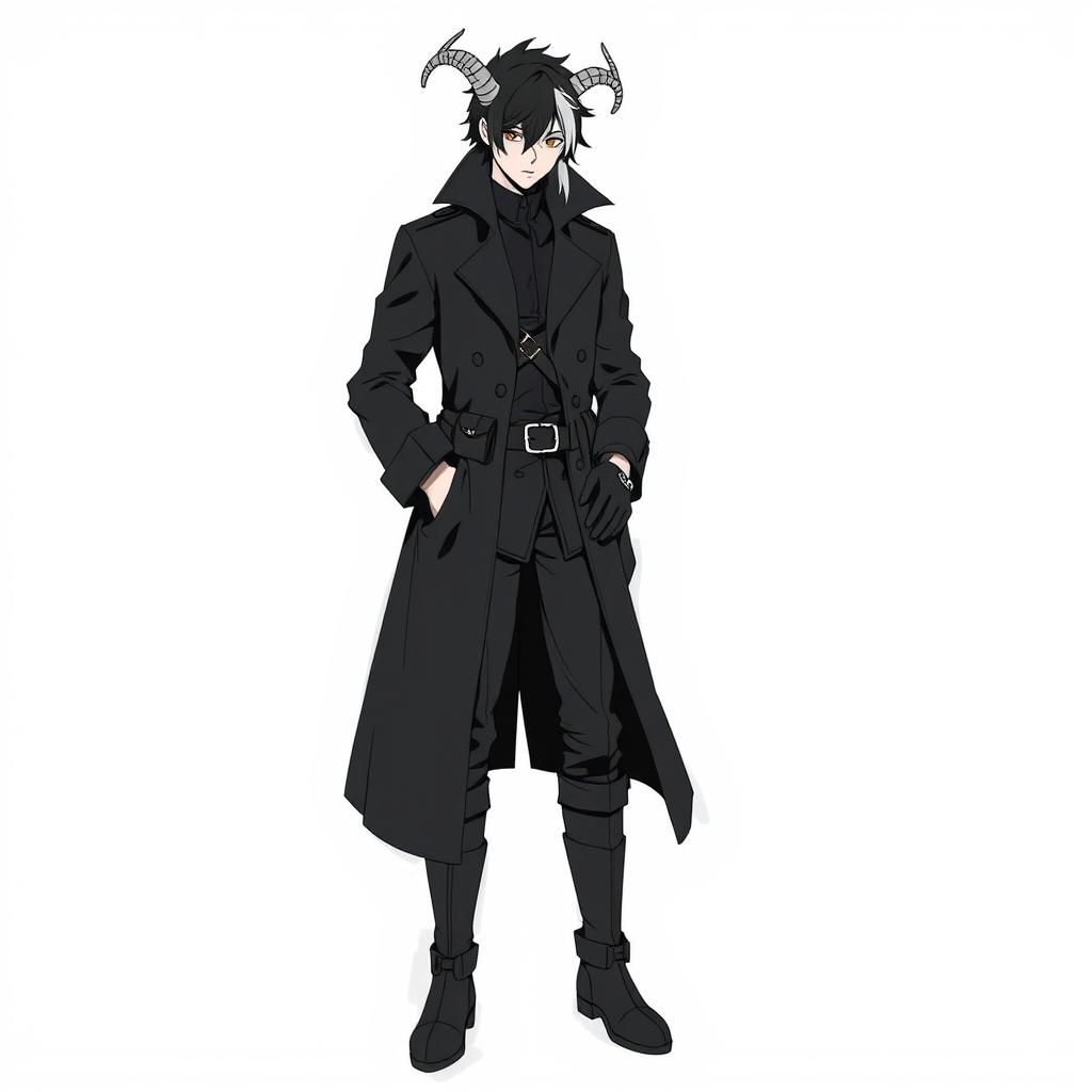 A character wearing a long dark trench coat with a high collar, paired with a black shirt and pants