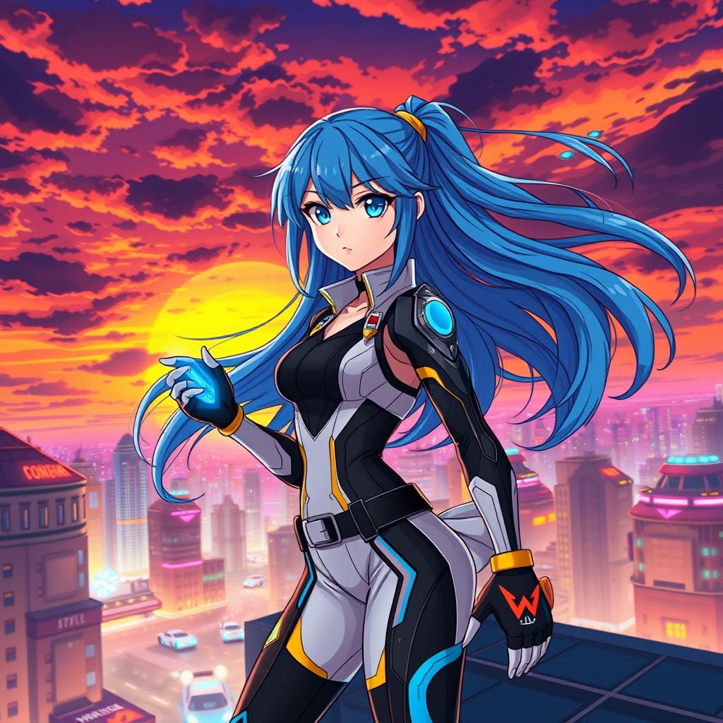 An energetic anime-style scene of a young woman with flowing blue hair, wearing a high-tech, form-fitting cyberpunk outfit