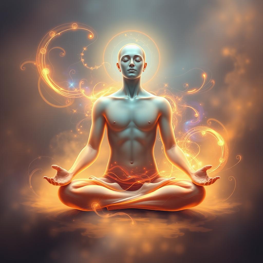 A peaceful meditator in deep absorption, sitting in a cross-legged posture