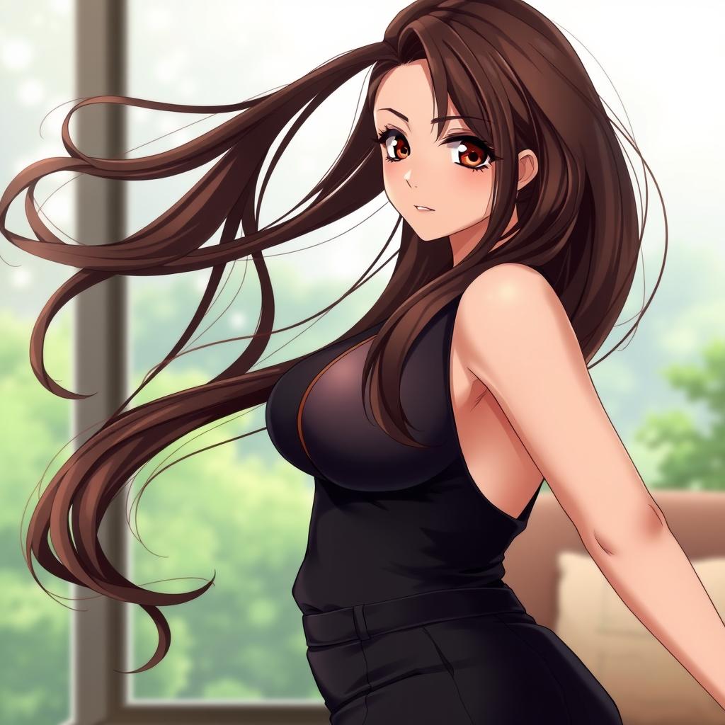 A stunning anime character portrayed as a chubby, hot woman in her 30s with long, flowing brown hair that moves gracefully around her