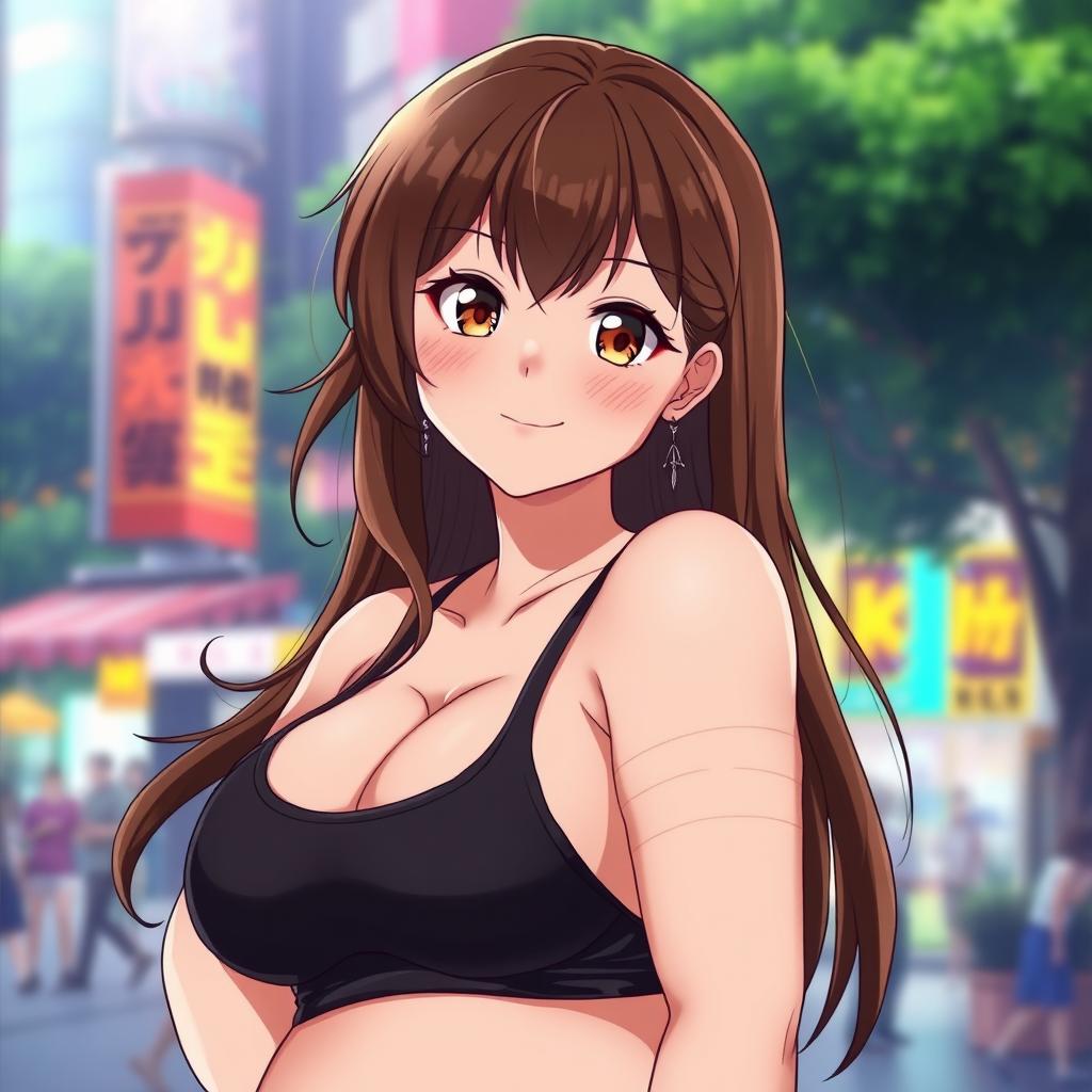 A captivating anime character illustrated as a chubby, hot woman in her 30s, showcasing a prominent, big belly that adds to her charm