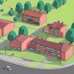 A fusion of the Simpson's iconic home with the features of a UK council estate, maintaining its recognizable style but adding details such as red-brick walls, tower blocks, and small green spaces.