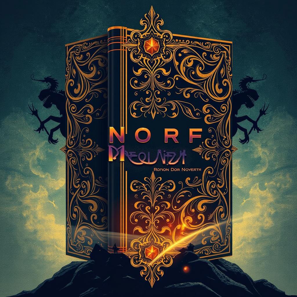 A magical, ornate book with intricate gold filigree designs on its cover, resting on a rocky surface