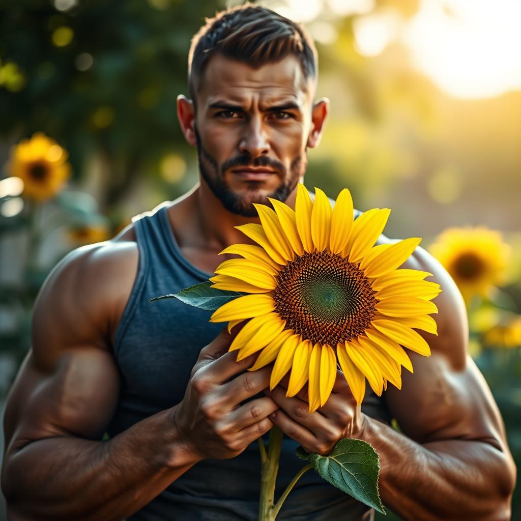 An ultra-realistic image of a strong man holding a sunflower with both hands, showcasing his muscular build