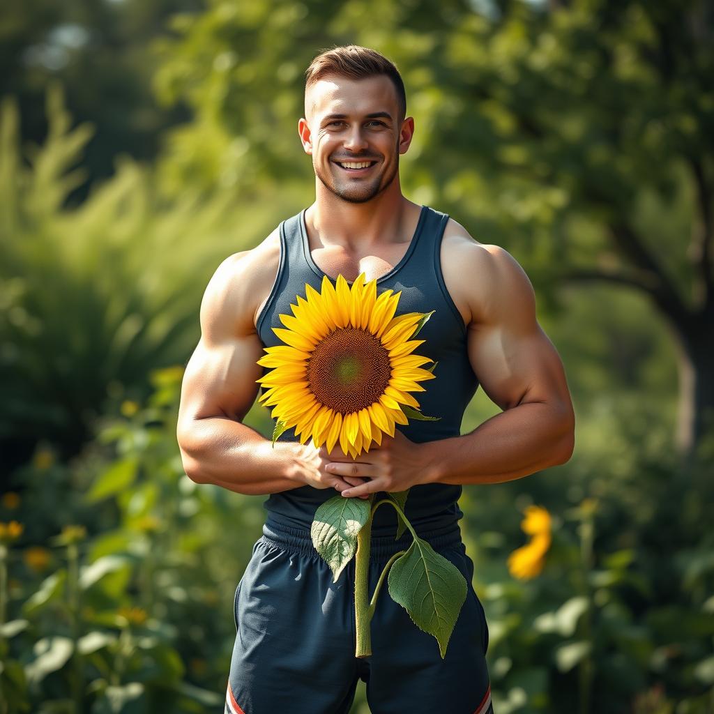 An ultra-realistic full-body image of a strong man holding a sunflower with both hands, standing confidently