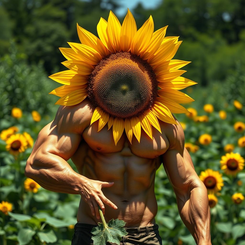 An ultra-realistic image of a hybrid creature that merges a strong man with a sunflower, portraying a unique fusion of human and floral elements