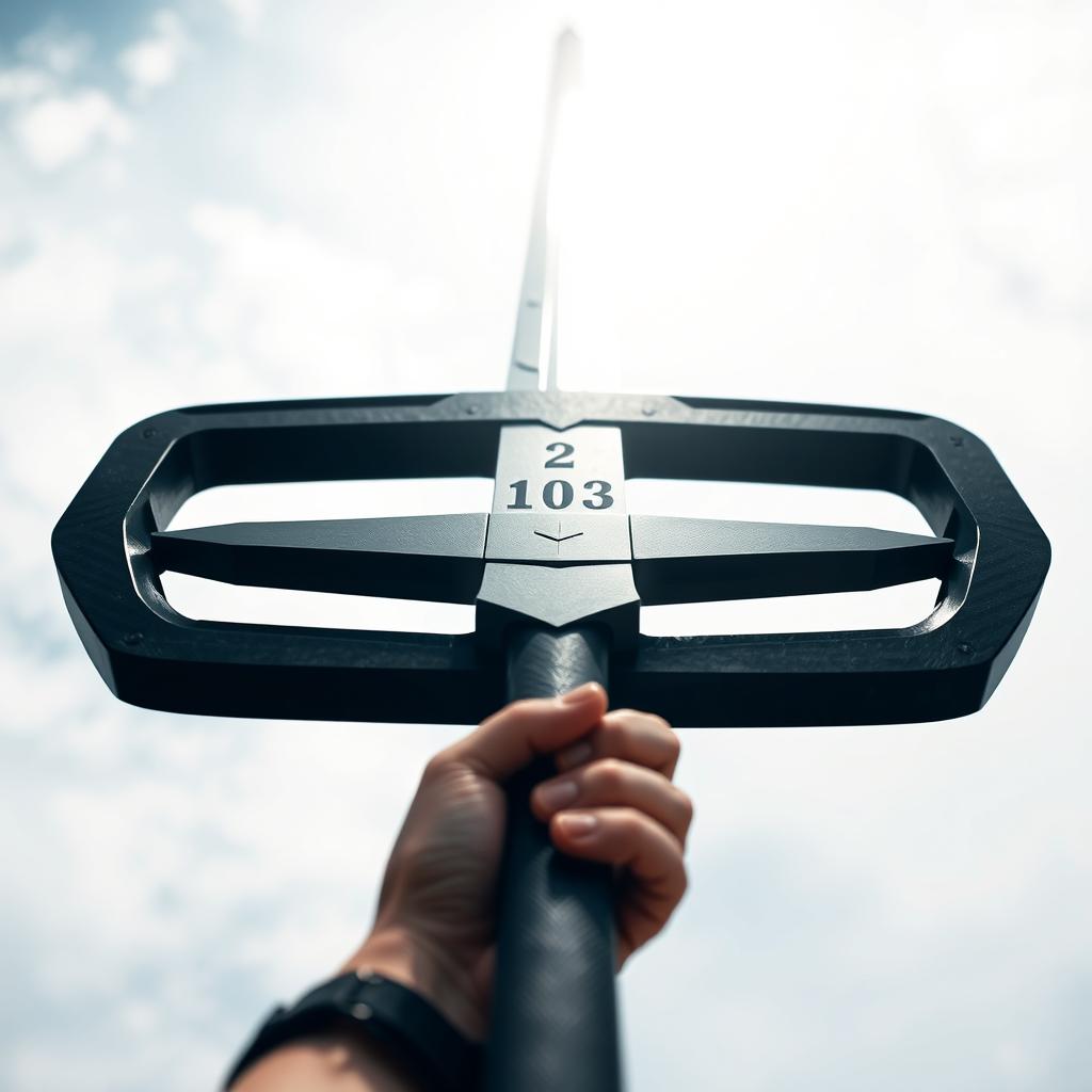 A dramatic point of view (POV) shot of a long sword, held upwards towards a bright sky