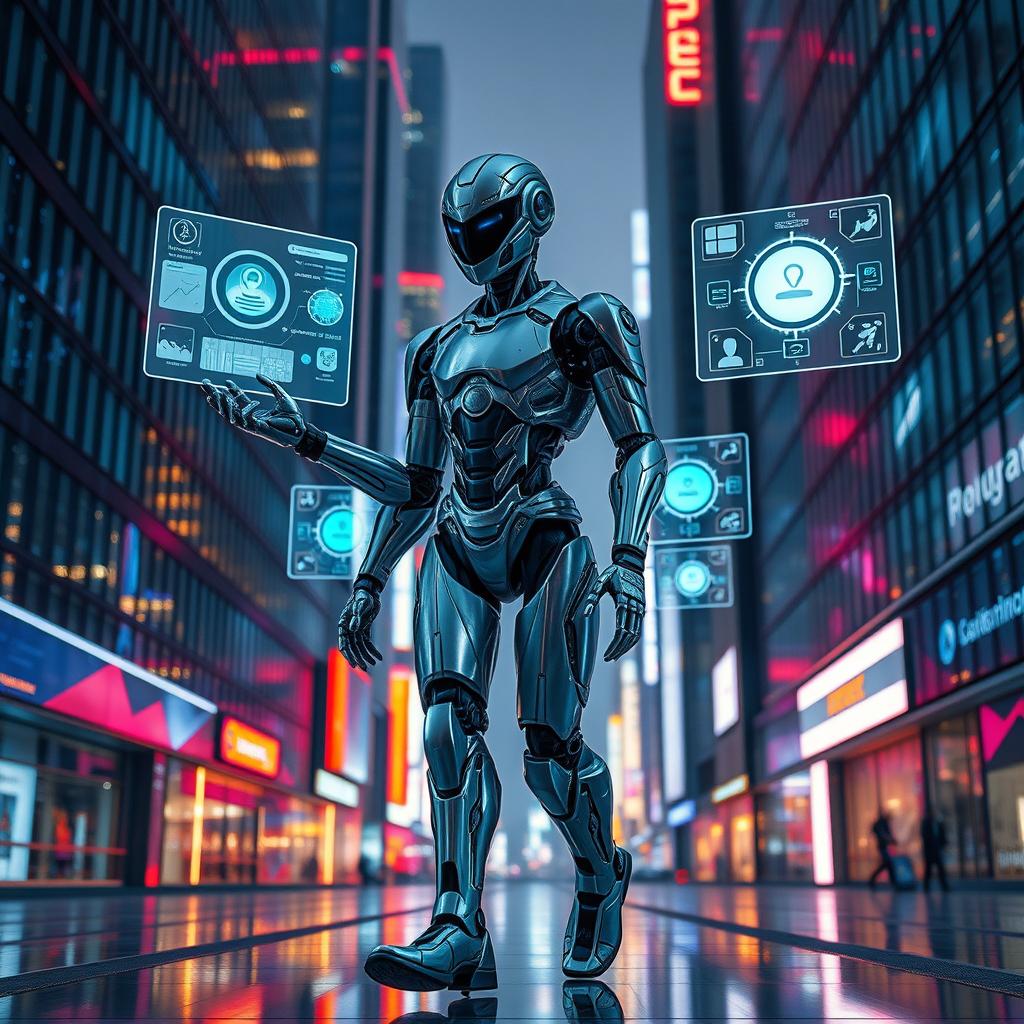 A humanoid robot with a futuristic design walking through an advanced city, surrounded by glass skyscrapers and glowing neon lights