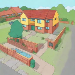 A fusion of the Simpson's iconic home with the features of a UK council estate, maintaining its recognizable style but adding details such as red-brick walls, tower blocks, and small green spaces.