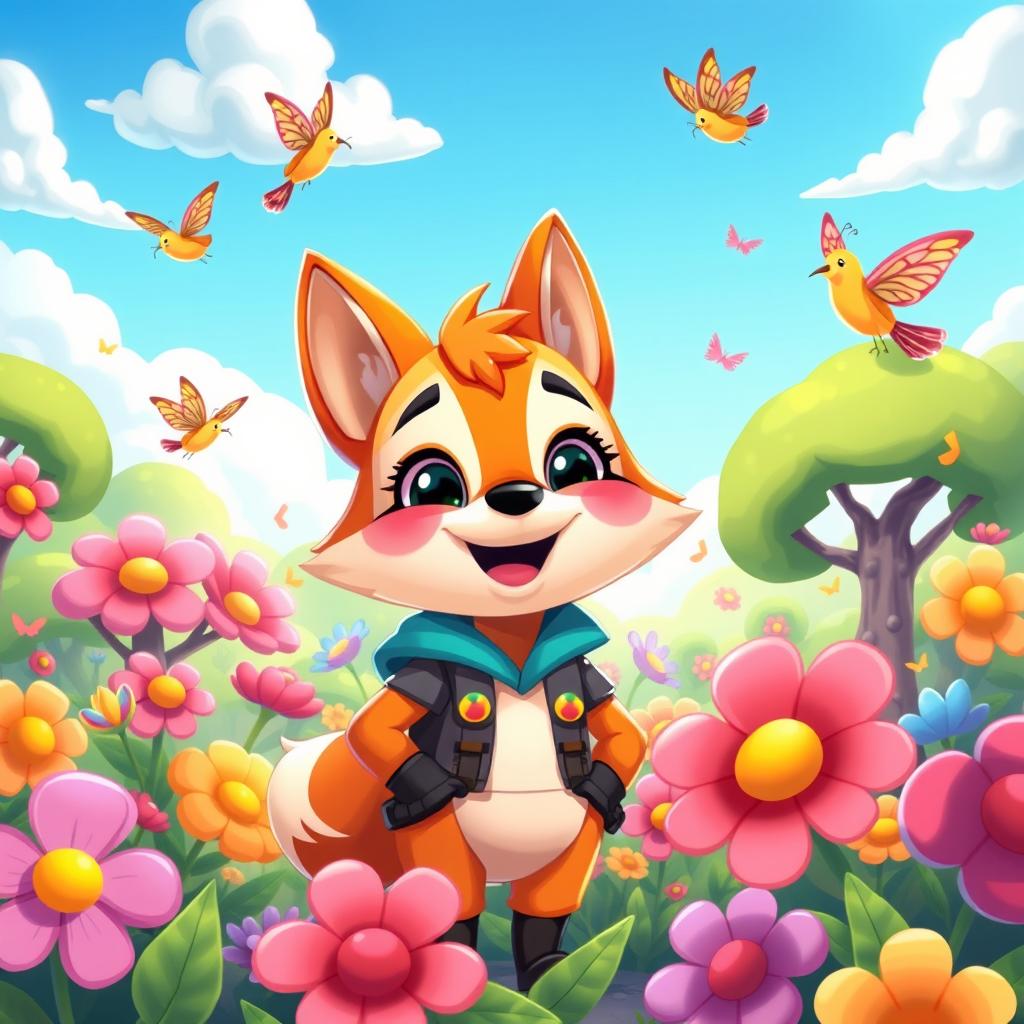 A vibrant and colorful cartoon-style illustration of a friendly, anthropomorphic animal character, possibly a fox or a bear, standing in a lush, whimsical forest filled with oversized flowers and cartoonish trees