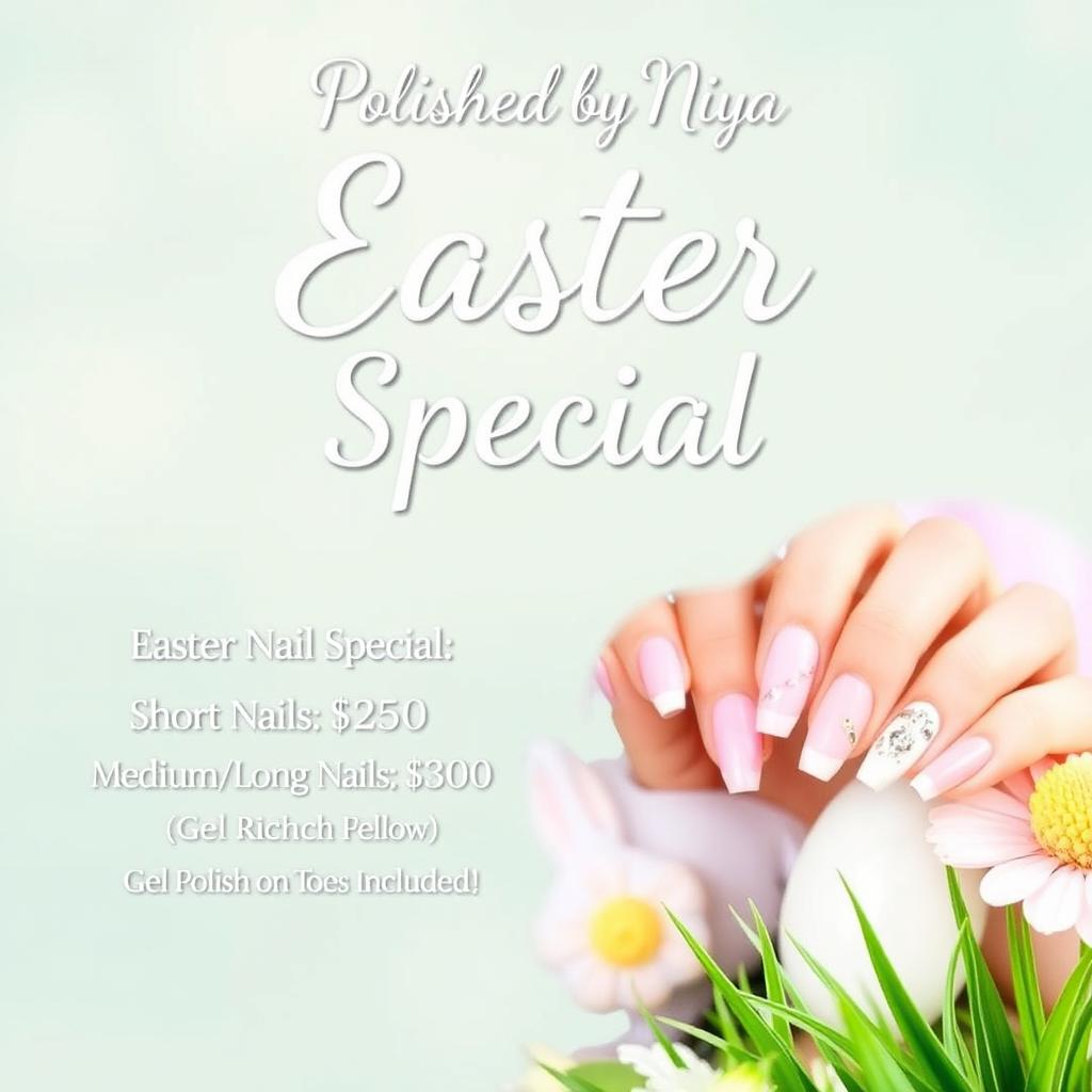 A promotional flyer for 'Polished by Niya' featuring an Easter nail special