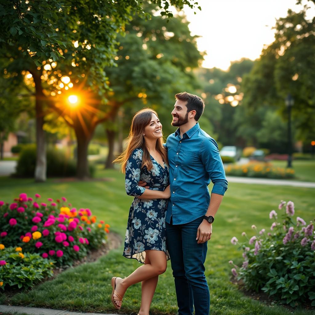 A loving couple standing together in a picturesque park, both dressed in stylish casual clothing
