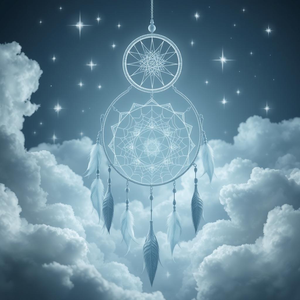 A mystical and enchanting dreamcatcher surrounded by fluffy clouds and shimmering stars