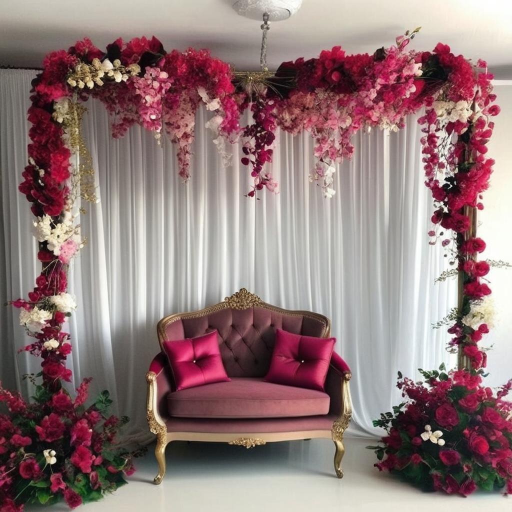 Make me a similar image but in a red ,white and sky blue and make the chair a crown like love seat in white and gold and the throw pillows in red and the draps in the background is white