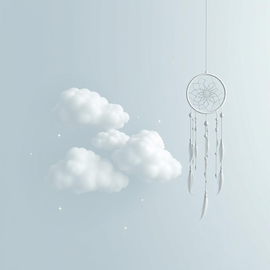 A minimalist digital book cover featuring soft clouds and stars, along with a dream catcher