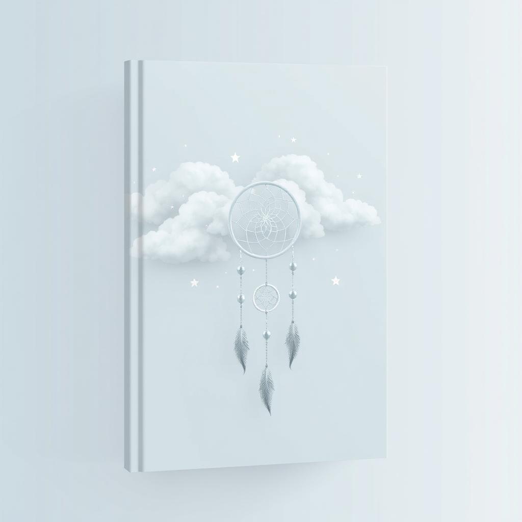 A minimalist book cover design featuring delicate clouds and shimmering stars, with a dreamcatcher subtly incorporated into the composition