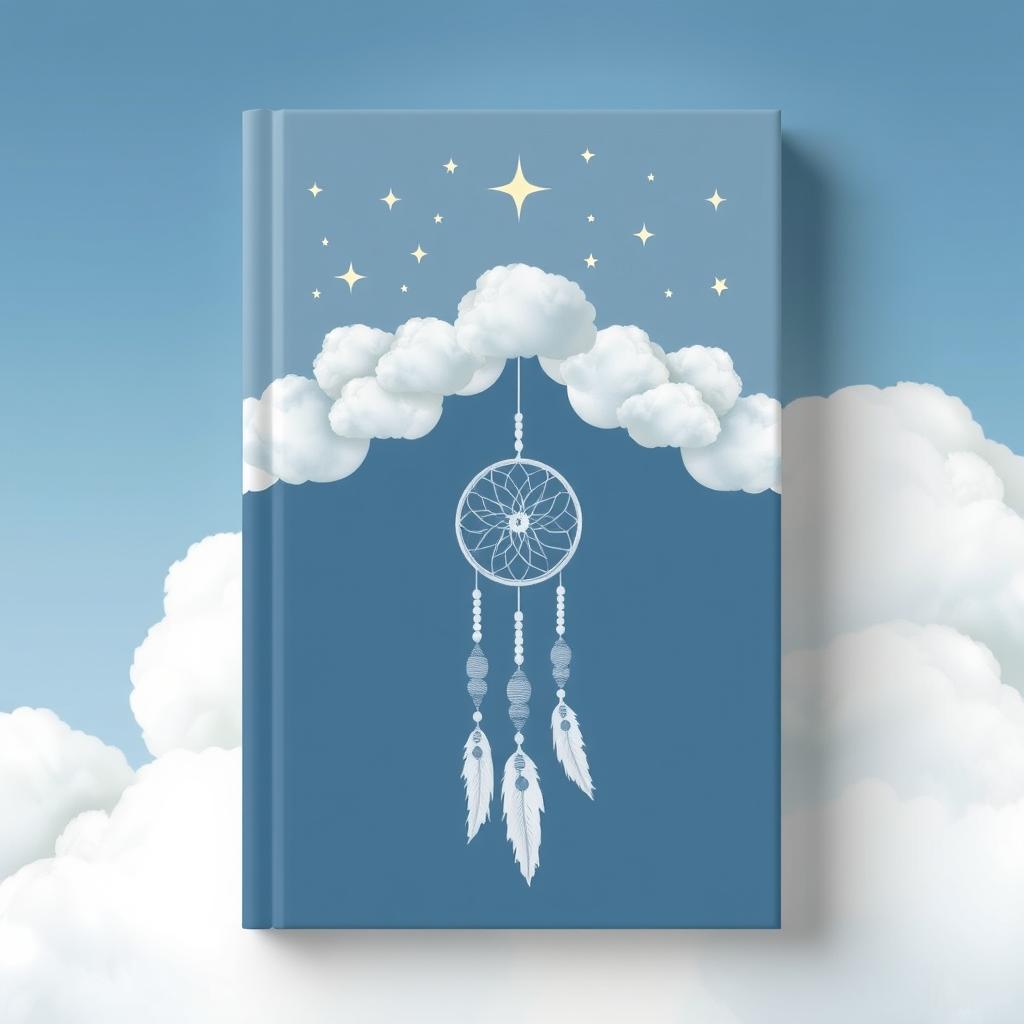 A book cover design featuring clouds, stars, and a dreamcatcher, all in a minimalistic style