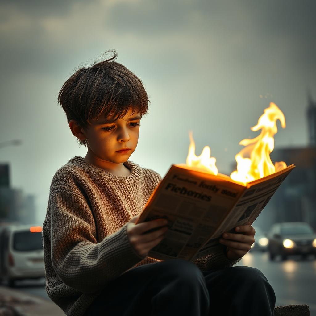 A melancholic atmosphere featuring a sad boy sitting alone with a distressed expression, intently reading a newspaper that is engulfed in flames