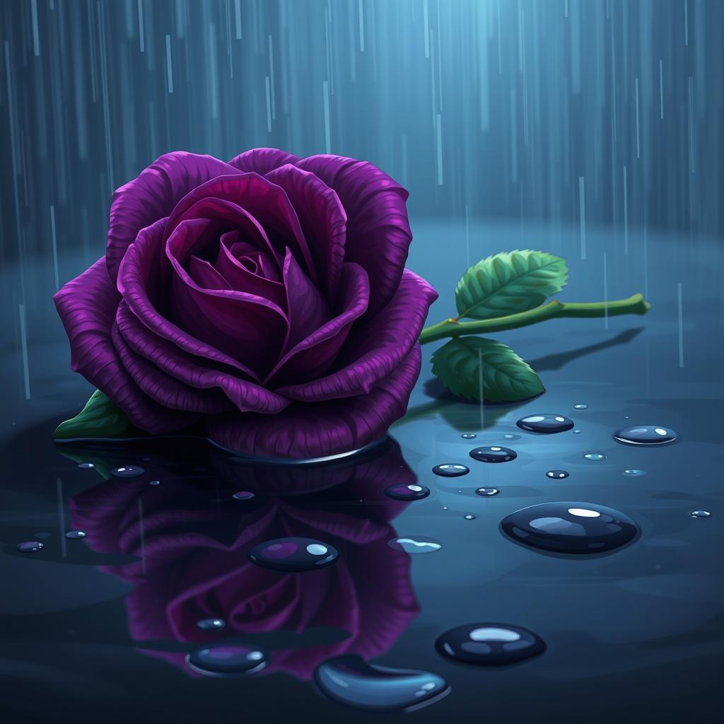A striking 2D cartoon style album cover featuring a single vibrant purple rose gently laying on the ground, surrounded by a serene rain scene